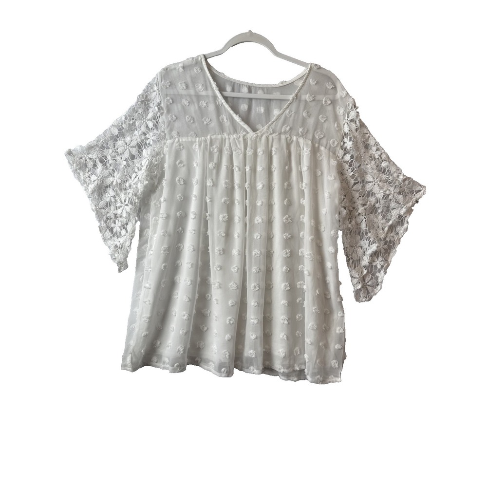 Boho Fairy White Sheer Swiss Dot Lined Asymmetric Sleeve Blouse 2X Cottagecore